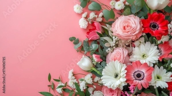 Obraz A beautiful bouquet of fresh flowers on the right side, leaving space on the left for text. Perfect for floral arrangements, gifts, and celebrations.