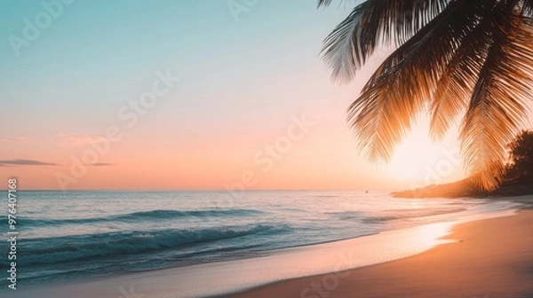 Fototapeta A stunning beach sunset with a silhouette of a palm tree on the right side, leaving space on the left for text. Ideal for travel, relaxation, and tropical themes.