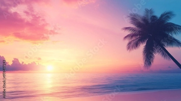 Fototapeta A stunning beach sunset with a silhouette of a palm tree on the right side, leaving space on the left for text. Ideal for travel, relaxation, and tropical themes.
