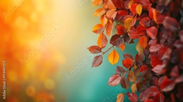 Fototapeta A beautiful autumn scene featuring colorful leaves on the right side, with ample space on the left for text. Perfect for fall-themed designs, nature, and seasonal content.