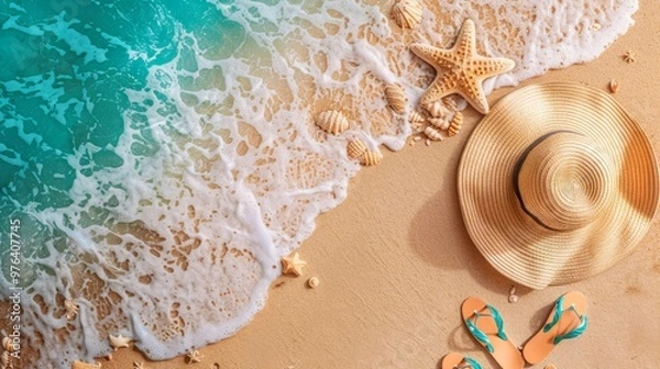 Obraz A high-quality stock image of a beach scene featuring a sun hat and flip-flops on the right side, with a clear and open space on the left side for text. Ideal for summer, vacation, and travel content.