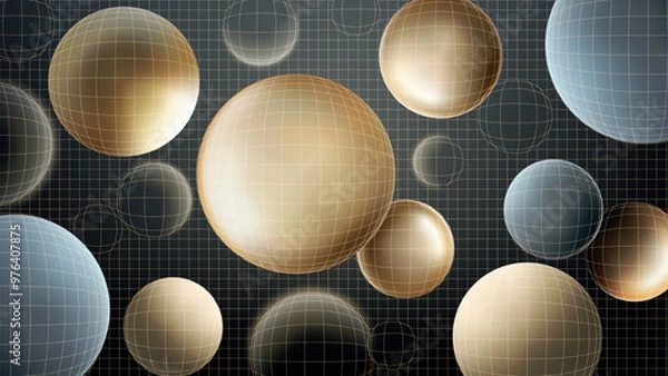Fototapeta Vector abstract dark background. Golden and silver glowing balls under wireframe grid. 80s style. 3D effect. Realistic blur and glow effect.