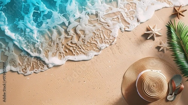 Fototapeta A high-quality stock image of a beach scene featuring a sun hat and flip-flops on the right side, with a clear and open space on the left side for text. Ideal for summer, vacation, and travel content.