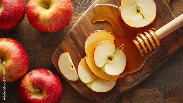 Fototapeta Overhead shot of freshly sliced apples dipped in honey on a wooden cutting board