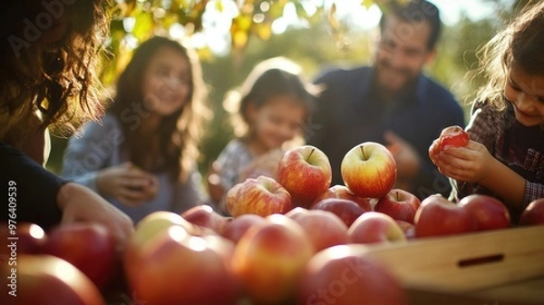 Fototapeta A family passing around apples and honey during a Rosh Hashanah celebration