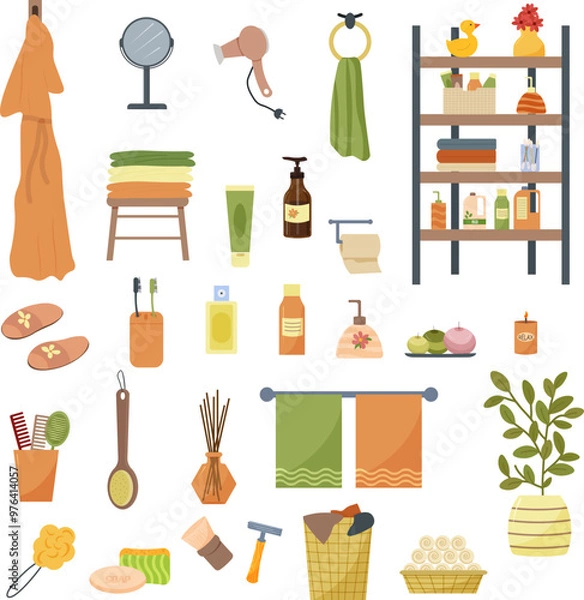 Fototapeta A set of bathroom items. A robe and slippers, towels. A shelf with hygiene and laundry items. A hair dryer and a mirror. Scented soap and candles. A razor and a shaving brush. Vector illustration