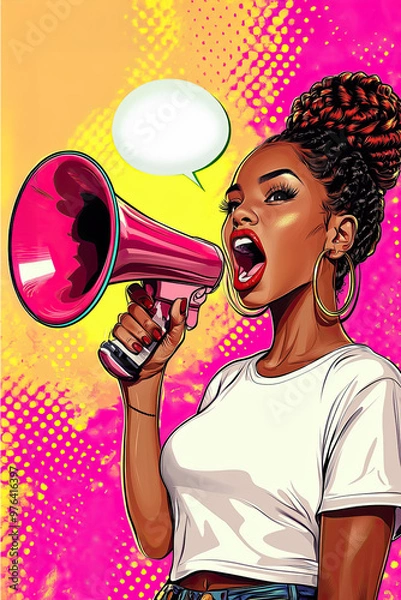 Fototapeta A vibrant pop art-style illustration of a confident woman with an afro hairstyle, holding a megaphone and speaking passionately, set against a colorful background.