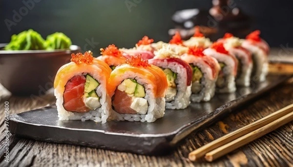 Fototapeta Fresh sushi rolls with depth of field showcasing vibrant seafood fillings and delicate rice