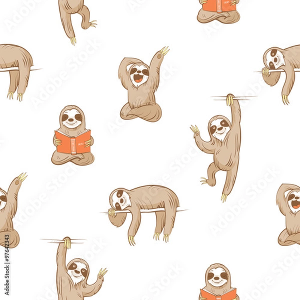 Fototapeta Vector seamless pattern with cute cartoon  sloth  on white  background.