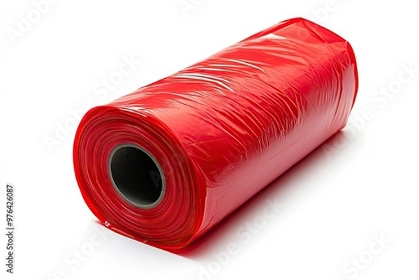 Fototapeta A red plastic garbage bag roll on a hite