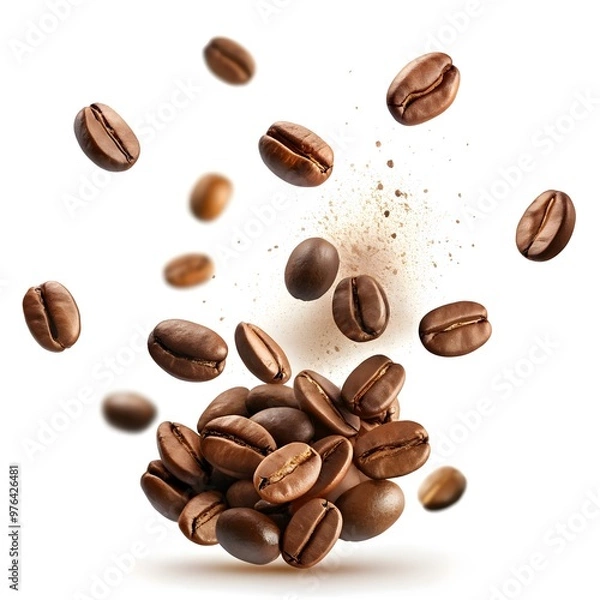 Fototapeta Coffee Beans Flying on a White Background with 3D Effect