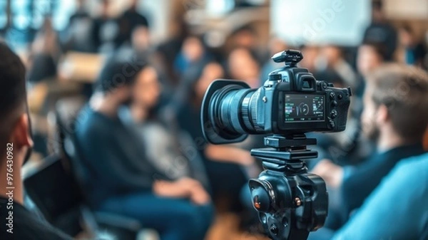 Fototapeta High-quality camera on tripod capturing seminar attended by diverse audience