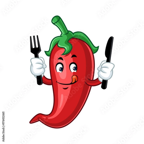 Obraz Hungry Red Chili Pepper Cartoon Character Holding Fork And Knife.