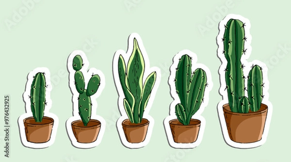 Obraz Set of hand drawn cactus on pot doodles, suitable for background element, cute sticker and other media.