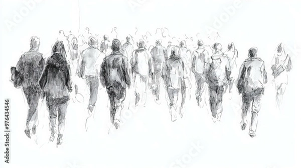 Fototapeta A pencil sketch of people walking in a crowd, viewed from behind.