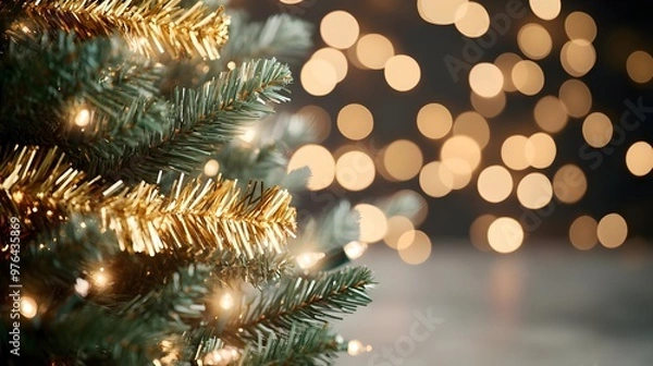 Obraz Christmas Tree Branch with Gold Tinsel and Lights