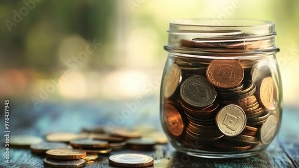 Fototapeta Glass jar filled with various coins, some spilled on wooden surface