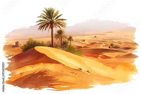 Obraz Oasis in the desert. Panorama of the desert with palm trees. Africa. Arabian land. Safari landscape. Gobi desert. Sahara desert. 