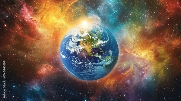 Fototapeta Earth glowing in space, with its ecosystems thriving, framed by distant galaxies