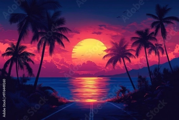 Obraz Palm Trees Silhouetted Against a Vibrant Sunset Over the Ocean