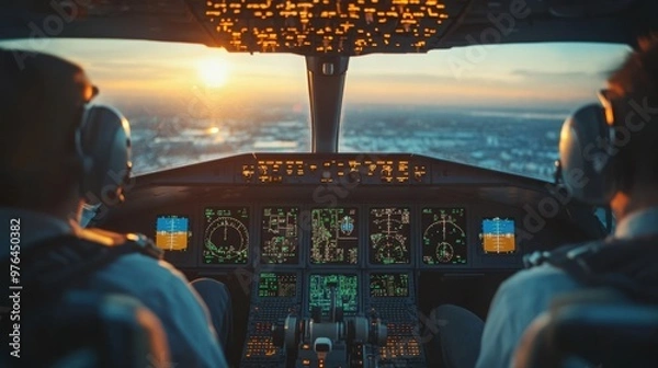 Fototapeta A pilot in a cockpit, ready for takeoff, with instruments and controls visible.