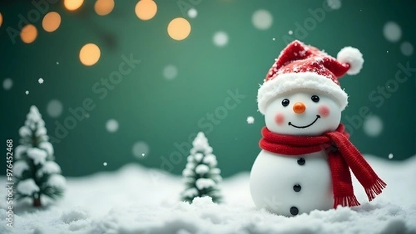 Fototapeta A smiling snowman with a red hat and scarf, surrounded by snow and festive lights in the background