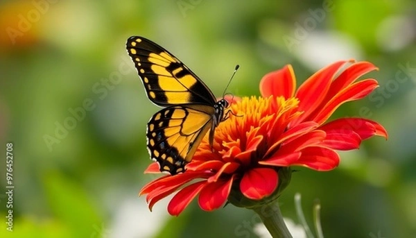 Fototapeta A colorful butterfly with black and yellow wings 