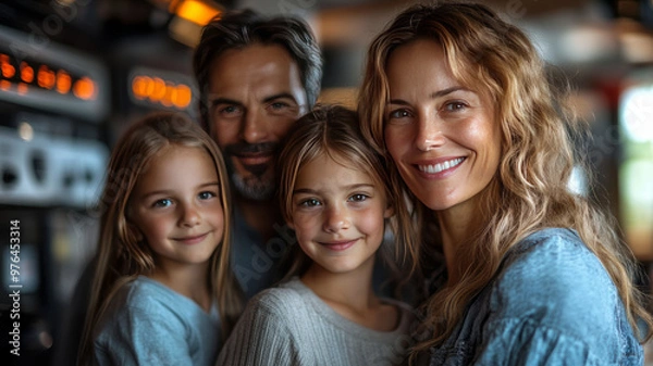 Obraz A family uses a smart panel to pay bills, surrounded by automated devices.