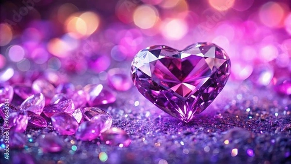 Fototapeta Vibrant diamond with a pink heart on sparkling purple pile in blurred background