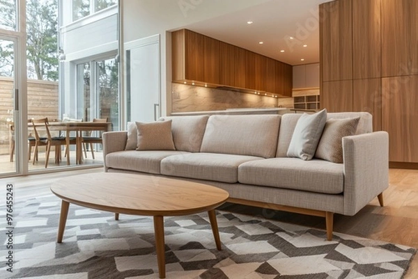 Fototapeta A Scandinavian mid-century modern interior photo of a residential living room with wood-paneled walls and a sofa and table. Generative AI
