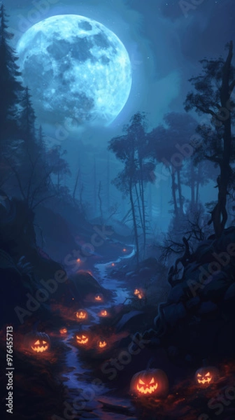 Fototapeta illustration of a spooky forest with twisted trees, hanging lanterns, and a looming silhouette of a mysterious figure.