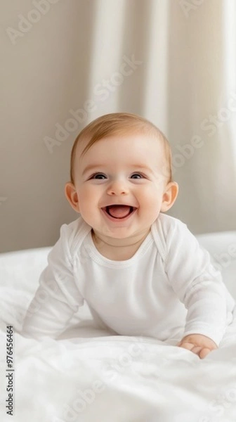 Obraz Adorable baby smiling on soft bedding, radiating joy and innocence in a cozy, bright environment.