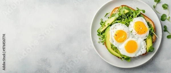 Fototapeta Delicious breakfast featuring sunny-side-up eggs on a crispy avocado toast garnished with fresh greens.