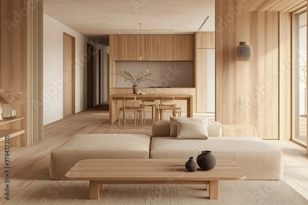 Fototapeta This is the living room and kitchen of the house with the wood finish. This is a modern japandi interior with a sofa in the living room. Generative AI
