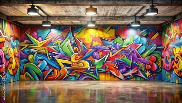 Fototapeta Colorful abstract graffiti on front wall interior