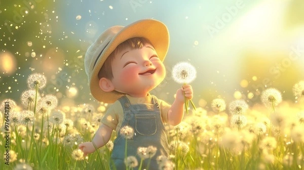 Fototapeta A joyful child in a hat and overalls holds a dandelion in a sunny field, surrounded by fluffy dandelions and a golden glow.