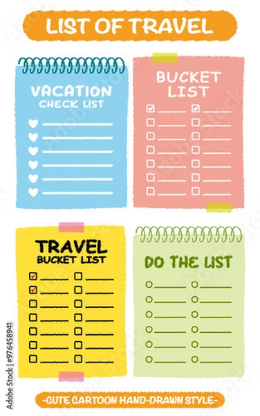 Fototapeta Hand drawn style travel bucket lists set. Colorful crayon drawing vacation checklists. Cartoon doodle style do the list. Cute doodle style weekend wish list memo. Chart, Idea, Paper note Memo blank