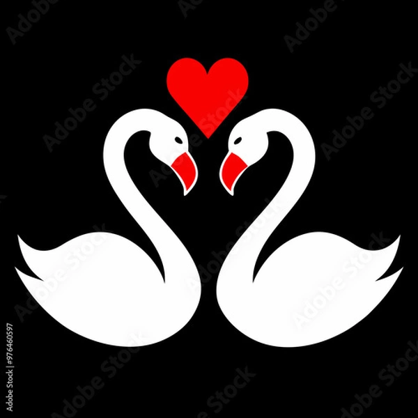 Fototapeta A pair of white swans with red hearts, symbolizing love for Valentine's Day
