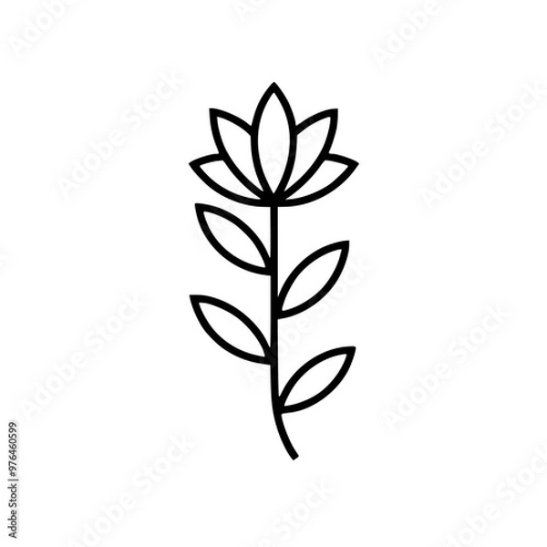Fototapeta Minimalistic black outline of a flower with leaves on a white background.