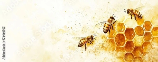 Obraz Sweet Honeycomb Delight - Watercolor Illustration with Bees in a Natural Yellow Scheme, Organic Texture, Copy Space for Text