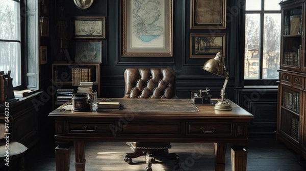 Fototapeta An antique wooden desk with a leather top and classic design, surrounded by vintage decor elements, creating a sophisticated and timeless workspace.