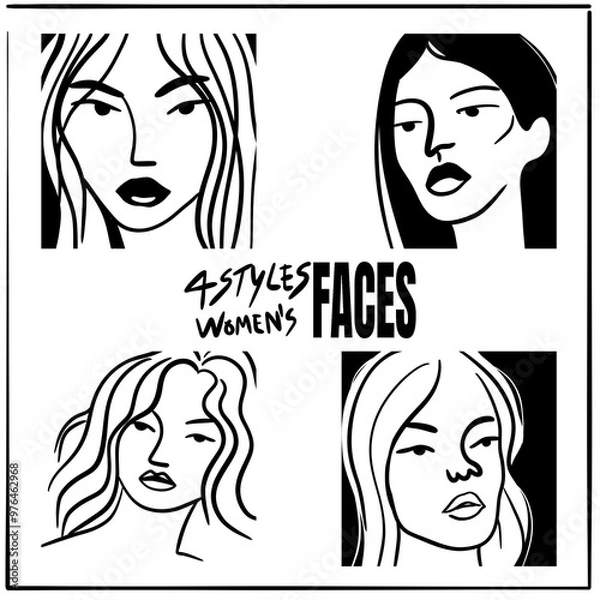 Obraz 4 styles of women’s faces in different postures, outline art style, representing the beauty of women.
