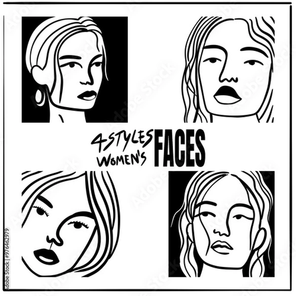 Obraz 4 styles of women’s faces in different postures, outline art style, representing the beauty of women.