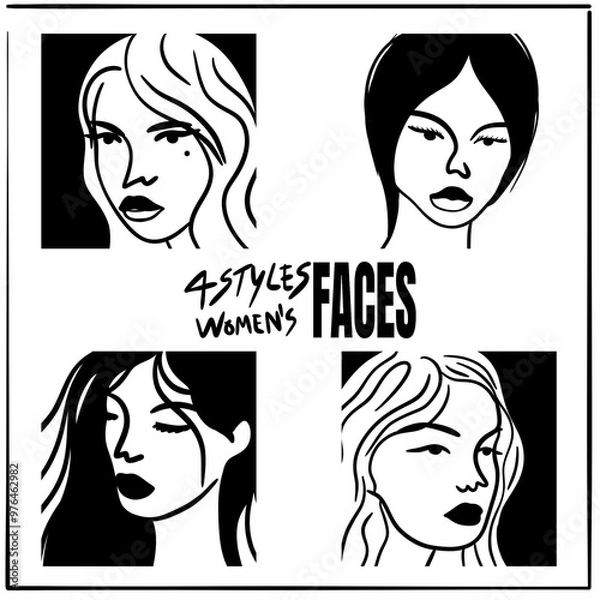 Obraz 4 styles of women’s faces in different postures, outline art style, representing the beauty of women.