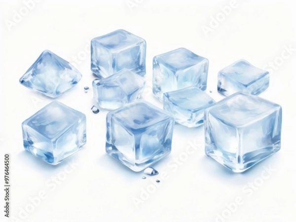 Fototapeta Crystal clear ice cubes scattered background