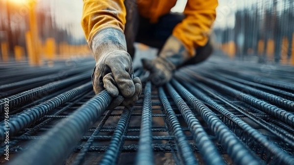 Obraz Close-up of a construction worker in gloves handling rebar at a construction site, focusing on durability and precision. Worker in action.