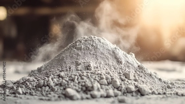 Fototapeta Close-up of a pile of cement powder in sunlight, depicting construction materials and industrial raw materials in a natural setting.