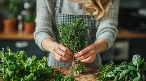 Obraz Woman s Hands Holding Fresh Thyme in Kitchen