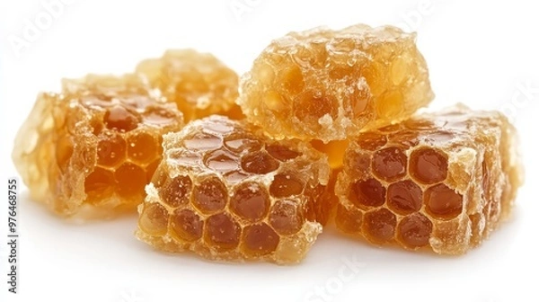 Fototapeta Close-up of fresh honeycomb pieces showcasing rich golden hues and intricate hexagonal structure, ideal for health and wellness themes.