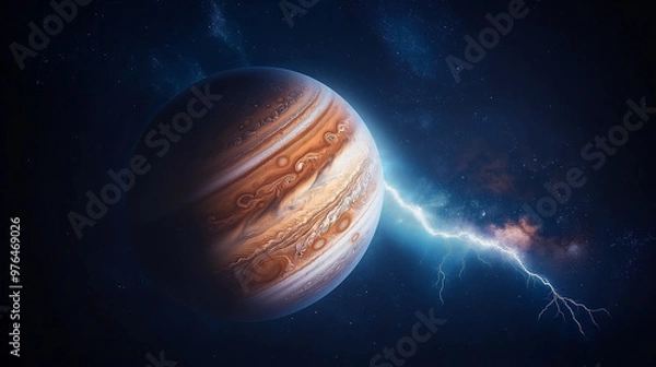 Obraz A mesmerizing close-up of Jupiter's surface, showcasing its deep brown hues swirling with gaseous patterns. Ethereal lightning flashes across the atmosphere, illuminating the planet's thick, colorful 